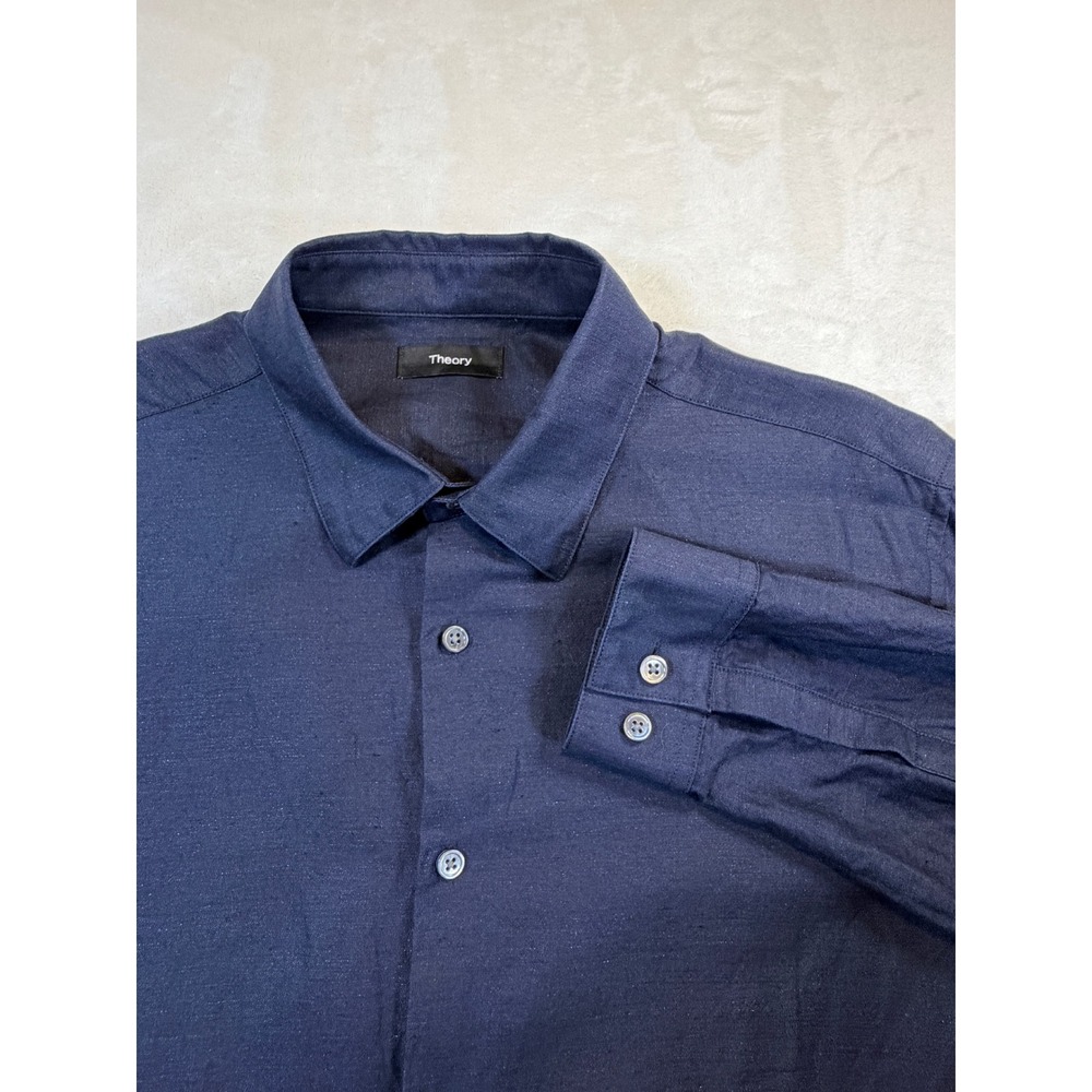 Theory Navy Blue Linen Blend Long Sleeve Button Down Shirt Mens L Excellent
